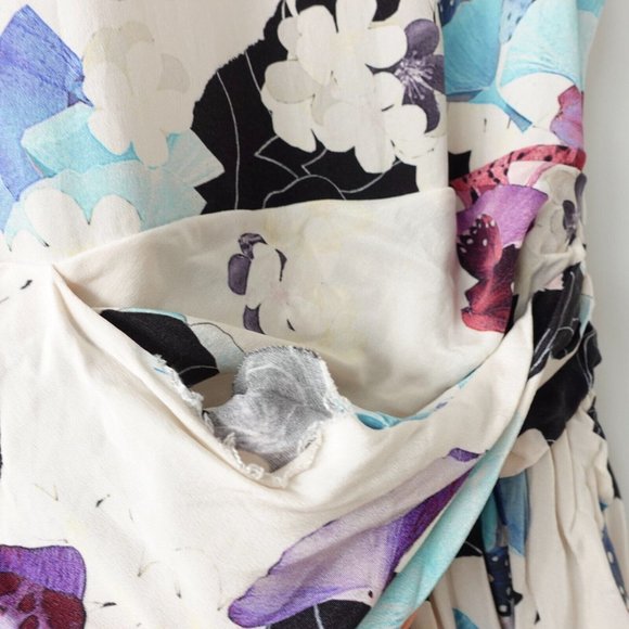 Floral Silk Dress Size Small White Mini Botanical Ruffle Cross Back Sheer Boho - Picture 13 of 16